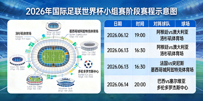 2026年国际足联世界杯小组赛阶段赛程示意图 - 球场与赛程表